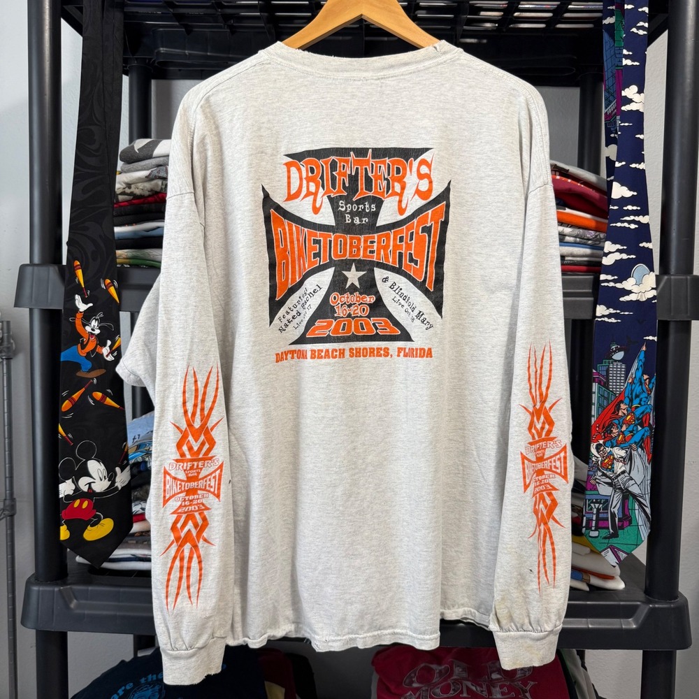 2000s Heather Gray Biketoberfest 2003 Long Sleeve Tee Distressed & Marked